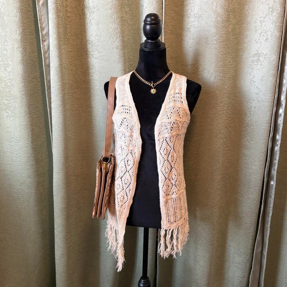 Vintage Boho Cream Crochet Knit Fringe Vest
